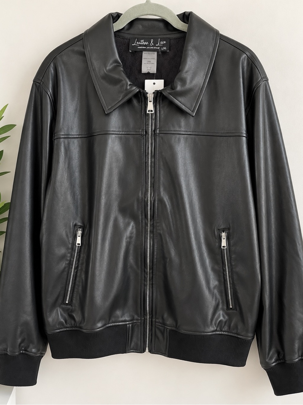 Leather & Lace Black Faux Leather Bomber Jacket L/XL NWT